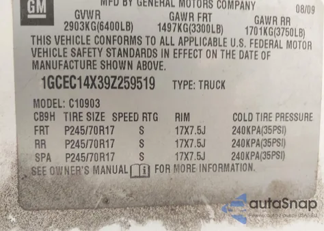 2009 Chevrolet Silverado 1500 Work Truck from USA, damaged, VIN 1GCEC14X39Z259519